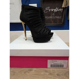 JustFab Sheba Black Cutout Gladiator Platform Stiletto Booties Gold Heel Size 8